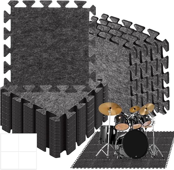 16 Pcs Sound Absorbing Interlocking Floor Mats, 11x 11 x 0.4 inches High Density Piano Carpet Drum Rug, Non-Slip Anti Vibration Soundproof Pads Acoustic Blankets for Music Studio