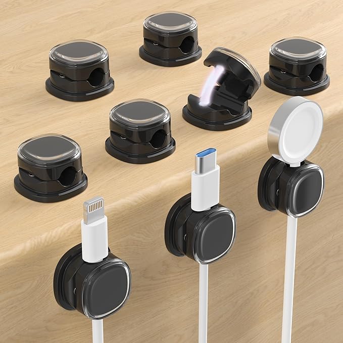 Magnetic Cable Clips, Adjustable Cord Holder Management, Adhesive Wire Keeper Organizer for Home Office Desk Phone PC Car Wall Desktop Nightstand Appliance (9-PCS Black)