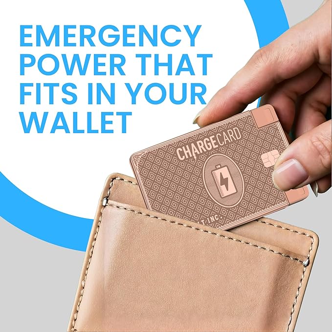AquaVault ChargeCard – Ultra Slim Emergency Power Bank (2300mAh) – Fits in Wallet – USB-C & Micro-USB – Durable Steel Body – Flight-Safe Pocket Charger for iPhone 16/15/14/13/12, Android - (Rose Gold)