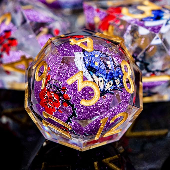 Butterfly DND Dice Purple Liquid Core Dice Set with Metal Box, Handmade Sharp Edge D and D Polyhedral Dice for use with D&D Role Playing Game, D20 D12 D10 D8 D6