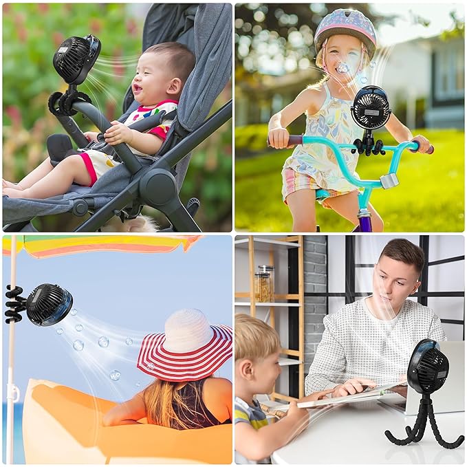 2025 Upgarded 4000mAh Misting Baby Stroller Fan, Rechargeable Battery Operated,Max 15Hrs Cooling,50ml Portable Water Sprayer Misting Fan with Flexible Tripod Clip on Car Seat Crib Treadmill Bunk Bed