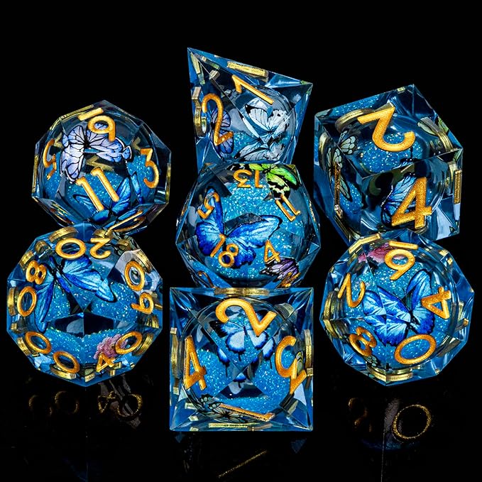 Butterfly DND Dice Blue Liquid Core Dice Set with Metal Box, Handmade Sharp Edge D and D Polyhedral Dice for use with D&D Role Playing Game, D20 D12 D10 D8 D6