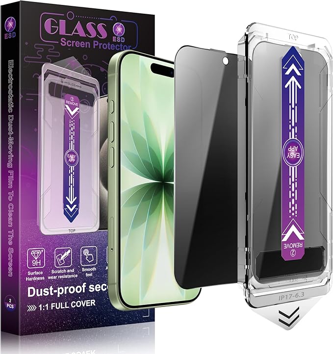 Privacy Screen Protector for iPhone 17, iPhone 16 Pro 6.3-Inch, Auto Dust Removal, 9H Tempered Glass, Full Cover, Anti-Fingerprint, Easy Installation,2 Pack