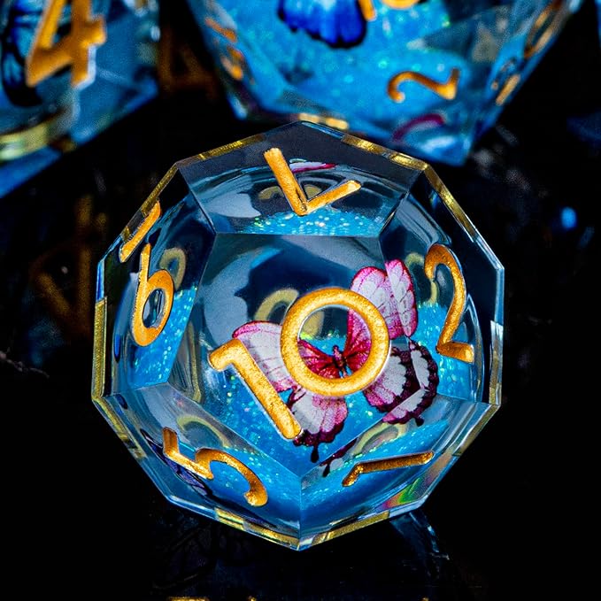 Butterfly DND Dice Blue Liquid Core Dice Set with Metal Box, Handmade Sharp Edge D and D Polyhedral Dice for use with D&D Role Playing Game, D20 D12 D10 D8 D6