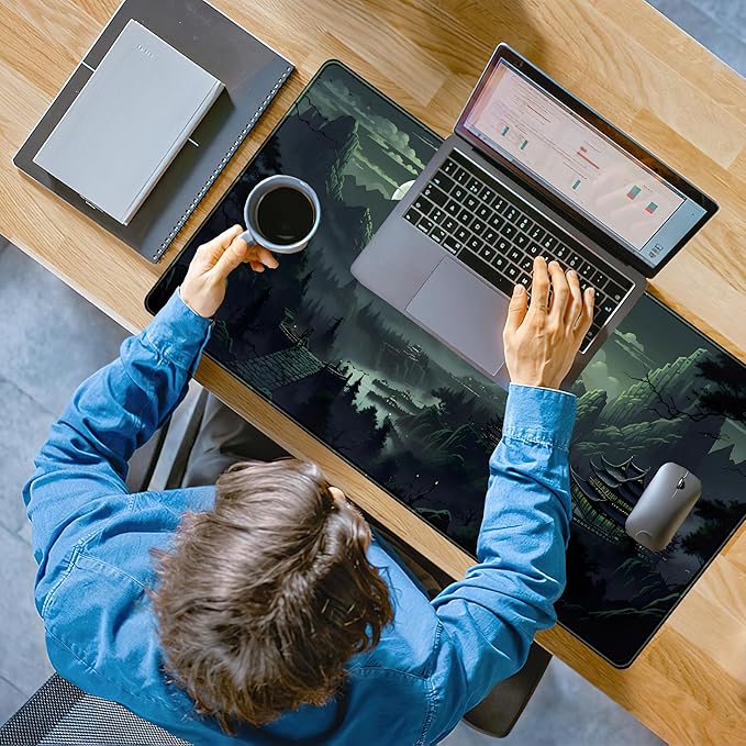 XXL Large Gaming Mouse Pad Anime Green Moon Mountains Desk Mat, Desk Decor Mousepad Computer Mat, Non-Slip Rubber Base Desk Pad, Laptop Keyboard and Mouse Mat with Stitched Edges, 31.5x15.75 in