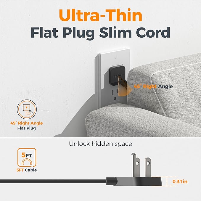 TESSAN Black Extension Cord 5 Ft, Flat Surge Protector Power Strip with 4 Wide Spaced AC Outlets 3 USB Ports (1 USB C), Ultra Thin Flat Plug with 900J Surge Protection, Office Dorm Room Essentials