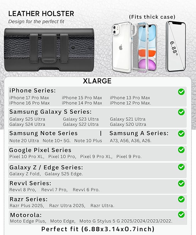 Phone Holster for Men & Women, Horizontal Cell Phone Case, Fits iPhone 17/16/15/14/13/12 Pro Max, Belt Clip/Loop Carrying Phone Pouch Holder, Black X-Large