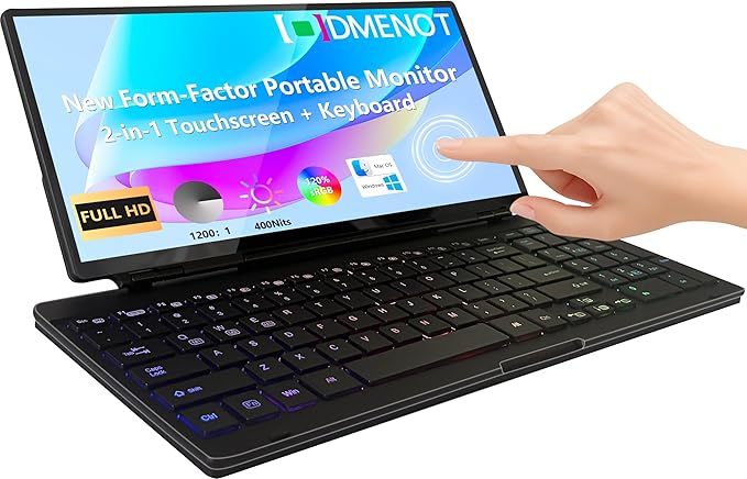 12.8" Portable Touchscreen Keyboard Monitor Stretched Bar Screen Extender with Silent Keyboard Foldable MIni RPi Display Type-C USB-A Monitor for Desktop Mini PC Laptop Macbook Phones Tablet (KM128T)