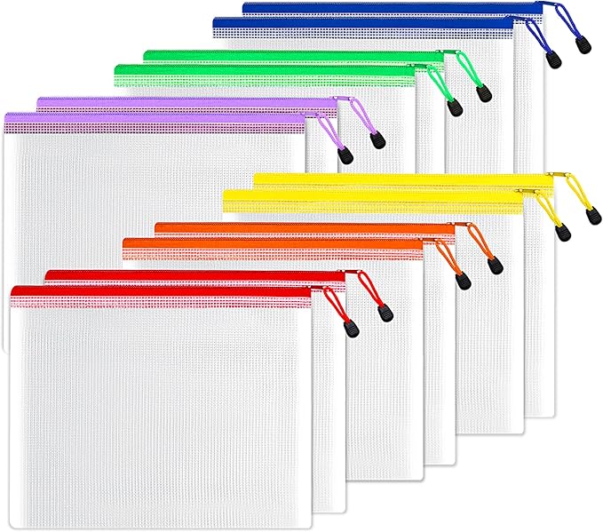 SUNEE Plastic Mesh Zipper Pouch 10x14 in (6 Colors, 12 Packs),Extra Large Water-Resistant Zip Bag for School Office Supplies, Puzzles & Games Organizing Storage