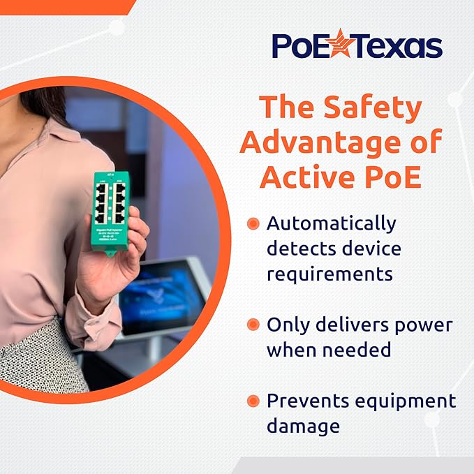 PoE Texas 8 Port PoE/PoE+ Active Mode A Injector with 56V 120W Power Supply - Add PoE+ to Any Switch or Router - 802.3at/af Compliant PoE Midspan for WiFi Access Points, IP Cameras, VoIP Phones