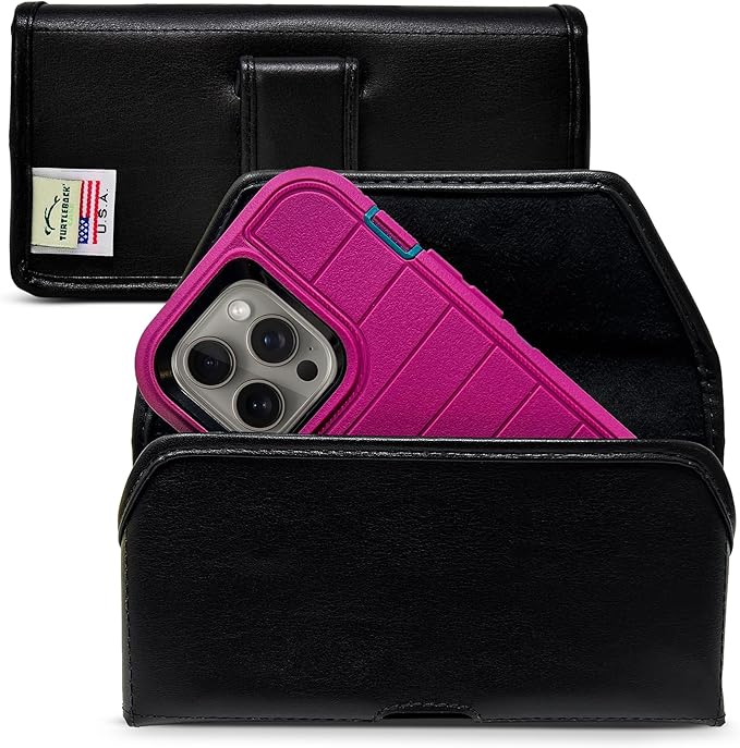 Turtleback Belt Holder for iPhone 16 Pro, 16e, 15 pro 14 Pro 13 Pro -Large- Fits w/Defender Bulky Style Cases, Premium Black Leather, Horizontal Case, Magnetic Closure Leather Wrapped Belt Clip