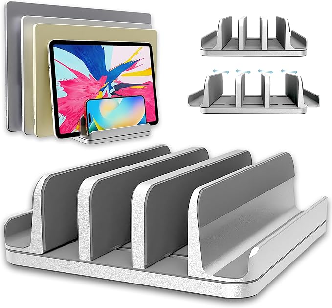 Adjustable Laptop Stand, 5 Slots, Aluminum Space-Saving, for Apple MacBook/Surface/Galaxy/Tablet/iPad/iPhone, Silver
