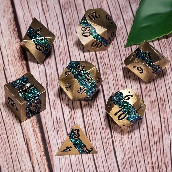 Metal RPG Dice Set,Mica Glitter Stripe Dice DND,Antique Bronze Dice 7pcs Set for Dungeons and Dragons