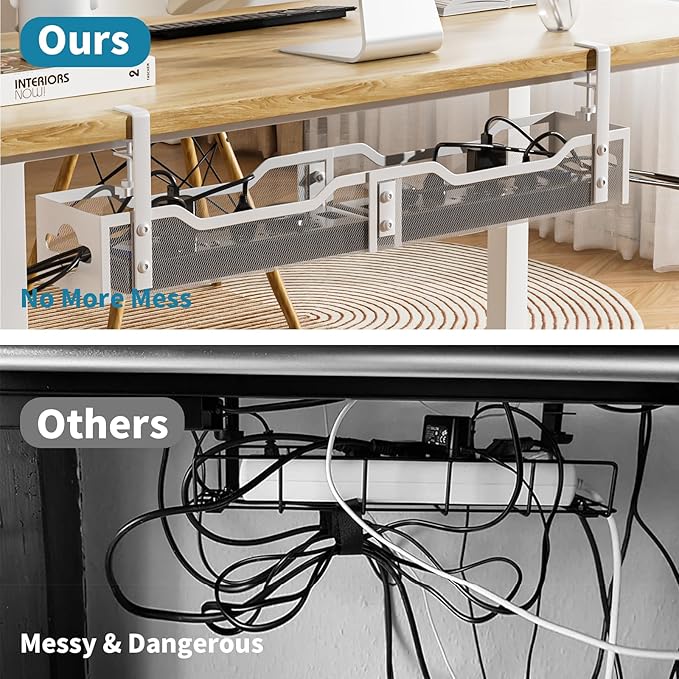 Under Desk Cable Management Tray White, Litwaro Cable Management Under Desk No Drill, 25'' Cable Tray with Clamp for Wire Management, Cord Organizer for Office, Home - No Damage to Table