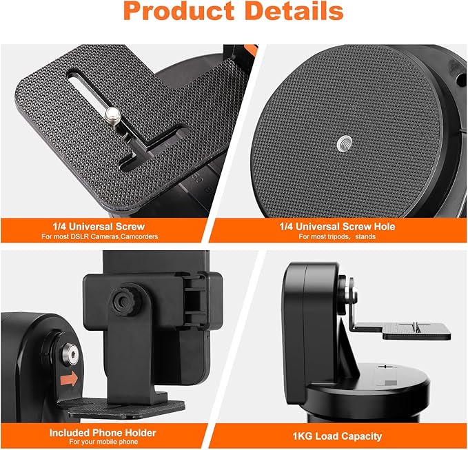 Soonpho M2 Motorized Rotating Panoramic Tripod Head, Remote Control Pan Tilt Head with Remote Control and Mobile Phone Clip for DSLR Cameras, Camcorders, Smartphones, Tripod,