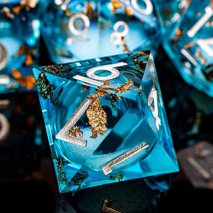 DND Dice Blue Liquid Core Dice Set with Metal Box, Handmade Sharp Edge D and D Polyhedral Dice for use with RPG D&D Role Playing Game