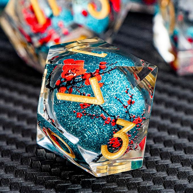 ARUOHHA DND Resin Dice Plum Blossom Liquid Core Dice Golden Blue Sharp Edged Polyhedral Dragons Dice Set with Gift Box, Dungeons D and D Dice Role Playing Game D20 D12 D10 D8 D6 D4