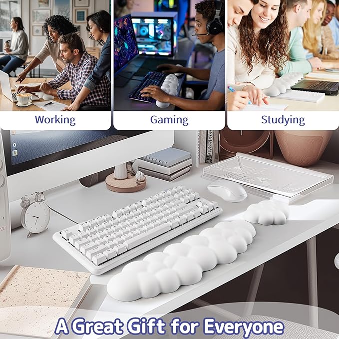 Cloud Wrist Rest Keyboard, Cloud Keyboard Wrist Pad Set with PU Leather Memory Foam, Cute Arm Rest for Palm Support, PC/Gaming Desk Accessories/Office Setup/Computer Hand Cushion - White