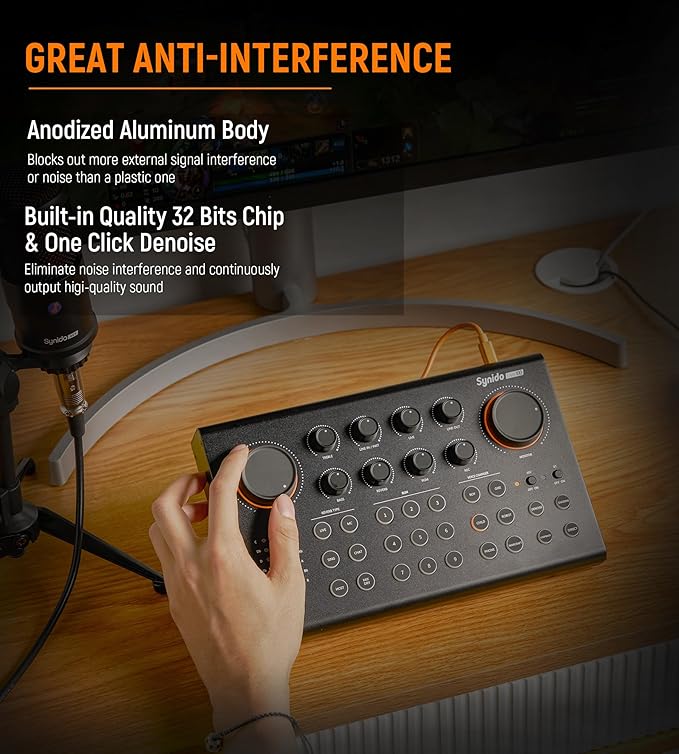 Synido Podcast Equipment Sound Card, Audio Interface Mixer with Pro-preamp, 48V Phantom, 9 Customize Sound Pads, XLR, 1/4", 1/8" Inputs for Live Streaming/Music Recording/Gaming/PC/Guitar, Black