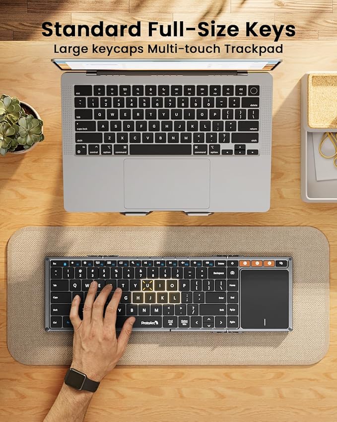 ProtoArc Foldable Keyboard with Touchpad, XK01 TP Folding Portable Keyboard, Full Size Keys, Large Trackpad Bluetooth Travel Keyboards for Laptop PC Tablet - Black Gray