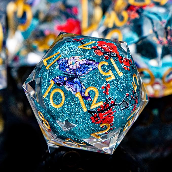 Butterfly DND Dice Blue Liquid Core Dice Set with Metal Box, Handmade Sharp Edge D and D Polyhedral Dice for use with D&D Role Playing Game, D20 D12 D10 D8 D6