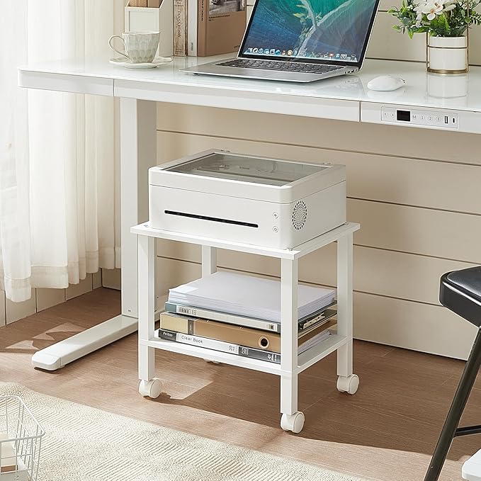2 Tier Printer Stand with Storage,Under Desk Shelf Printer Table, Rolling Printer Cart for Office,Home,White