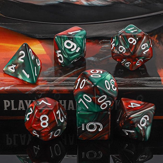 QMAY DND Dice Set - Polyhedral Dice (Red Mix Green) 7 Pcs for Dungeon and Dragons D&D RPG Role Playing Games Dice with Dice Bag