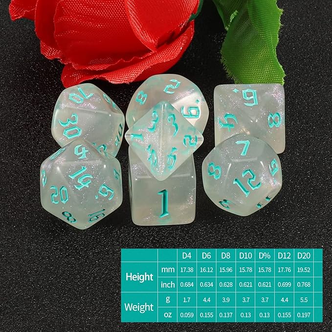 QMAY DND Dice Set -D&D Polyhedral Dice (7 Pcs) for Dungeons and Dragons (Transparent White Glitter)