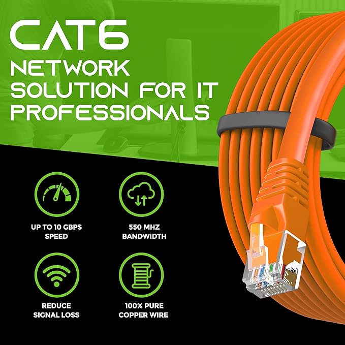 GEARit Cat 6 Ethernet Cable (50-Pack 1 Foot) Cat6 Network Patch, 10Gbps, RJ45, Snagless Cord, Gold-Plated Connectors, Internet for PC, TV, Tablet, Router, Printer, Servers, IT Data Center - Orange
