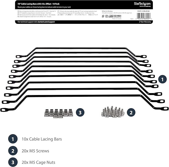 StarTech.com Horizontal Lacing Bar (10 Pack) w/ 4 inch Offset at 75 Degrees- Server Rack Cable Management - 19" Network Rack-Mount Cord Organizer Bars, TAA (CMLB104)