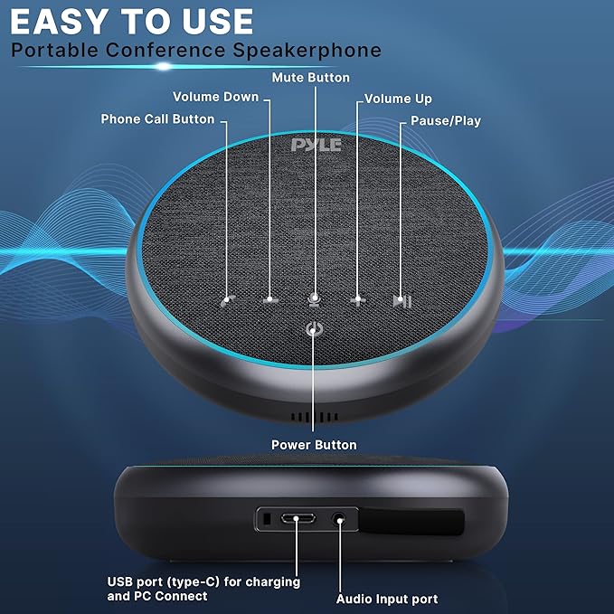 Pyle Portable Conference Speakerphone, Multifunctional Wireless BT Speaker Phone with USB C and Aux Cable, 10m Omnidirectional Microphone Coverage, Ideal for Home and Office Use