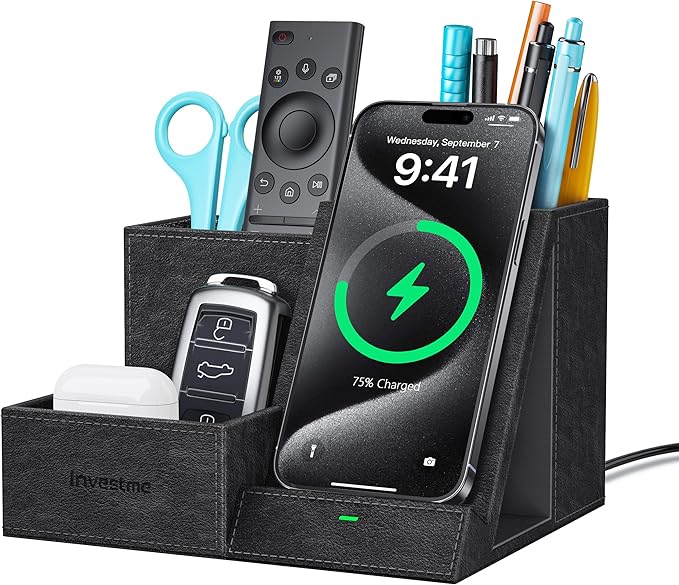 Wireless Charger with Desk Organizer, Pen Pencil Holder, Multifunctional Desktop Organizer, Office Supplies and Desk Accessories Organizer with 3 Compartments and 1 Phone Stand, PU Black
