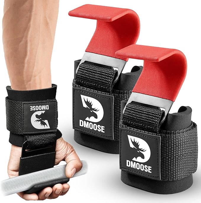 DMoose Fitness Weight Lifting Hooks (Pair) for Deadlifts, Pull Ups, Rows & Shrugs - Anti-Rip Nylon Strap Hand Grips with Thick Wrist Padding - Heavy Duty Wrist Straps for Weightlifting & Gym Workouts