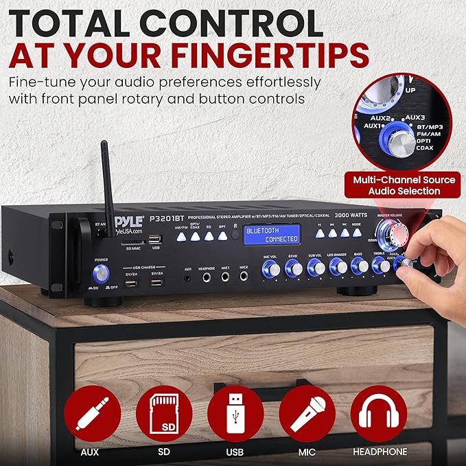 Pyle Multi Channel Bluetooth Preamplifier Receiver - 3000 Watt Audio Home Speaker Sound Stereo w/Radio, USB, Headphone, AUX, RCA, Dual Microphone w/Echo, LED, Wireless Streaming - P3201BT