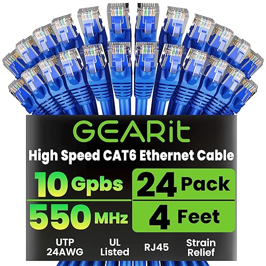 GearIT Cat 6 Ethernet Cable Pack - 24-Pack 4 ft Cat6 Ethernet Patch Cables | RJ45 Network Patch Cable, 10 Gbps Snagless Gold-Plated Connectors - Ethernet Cable Cat 6 for PC, TV, Router - Blue