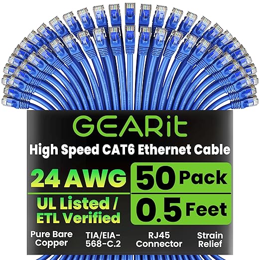 GEARit Cat 6 Ethernet Cable Pack - 50-Pack 0.5 ft Cat6 Ethernet Patch Cables | RJ45 Network Patch Cable, 10 Gbps Snagless Gold-Plated Connectors - Ethernet Cable Cat 6 for PC, TV, Router - Blue