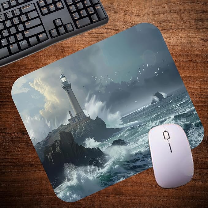 Coastal Shoreline Waves Sandy Beach Theme Mouse Pad Mat Mousepad for Desk Computer Laptop PC Gaming Home or Office Gift (Lighthouse Seagull MP32)