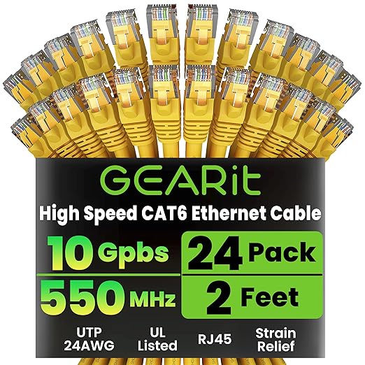 GearIT Cat 6 Ethernet Cable (24-Pack 2 Feet) Cat6 Network Patch, 10Gbps, RJ45, Snagless Cord, Gold-Plated Connectors, Internet for PC, TV, Tablet, Router, Printer, Servers, IT Data Center - Yellow