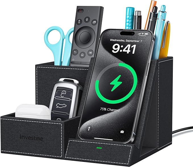 Wireless Charger with Desk Organizer, Pen Pencil Holder, Multifunctional Desktop Organizer, Office Supplies and Desk Accessories Organizer with 3 Compartments and 1 Phone Stand