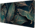 Desk Pad, Green Gold Palm Leaves Extended Gaming Mouse Pad Cute Large Desk Mat, Non-Slip Rubber Base Mousepad with Stitched Edges, Keyboard Mouse Mat Desk Pad for Game Office Home 31.5x15.75 in