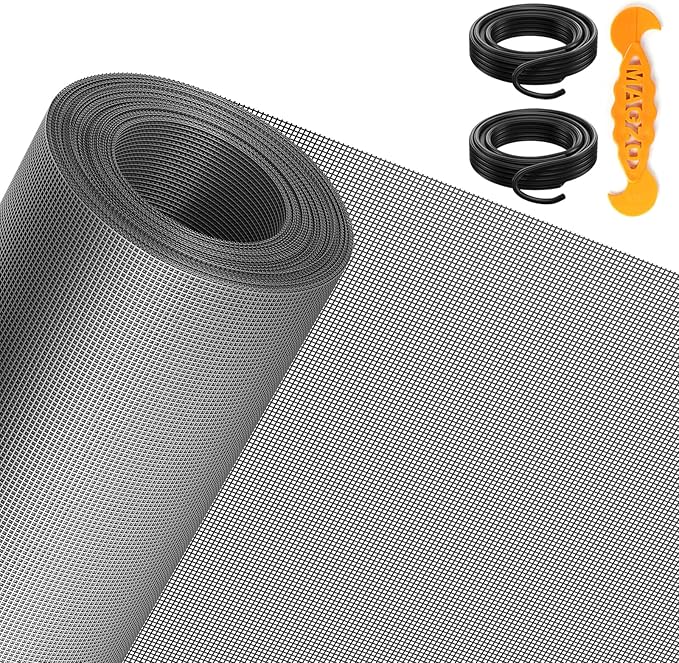 MAGZO Window&Door Screen Replacement Kit, 86" W x 196" L, with Retainer Spline(Total 65.6 FT) and Press-Fit Roller Tool, Polyester Scratch-Proof, Adjustable Mesh for Windows&Doors&DIY Projects, Grey
