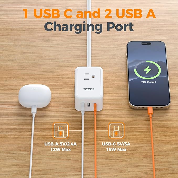 TESSAN Cruise Essentials, Flat Plug Power Strip, 5 Ft Extension Cord with 3 USB (1 USB C), 3 Outlets Small Charging Station, Non Surge Protector for Cruise Ship Travel, Dorm, Home Office, White