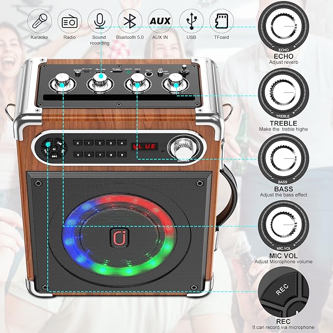 Bluetooth Speaker with Two Wireless Microphones, Outdoor Speaker with Subwoofer/Tweeter, Portable PA Speaker System with Remote Control, Discol Lights, FM, REC for Home, Party