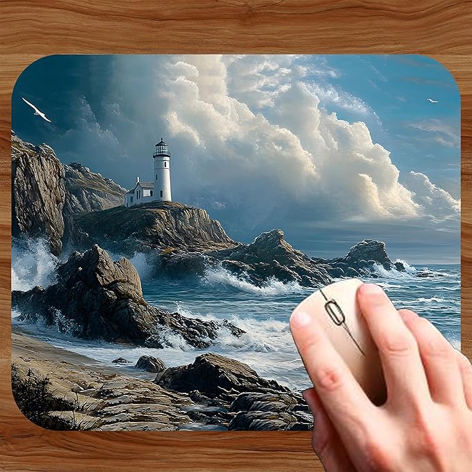 Coastal Shoreline Waves Sandy Beach Theme Mouse Pad Mat Mousepad for Desk Computer Laptop PC Gaming Home or Office Gift (Lighthouse Waves MP34)