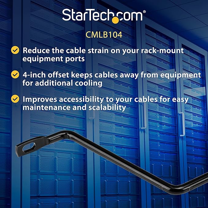 StarTech.com Horizontal Lacing Bar (10 Pack) w/ 4 inch Offset at 75 Degrees- Server Rack Cable Management - 19" Network Rack-Mount Cord Organizer Bars, TAA (CMLB104)