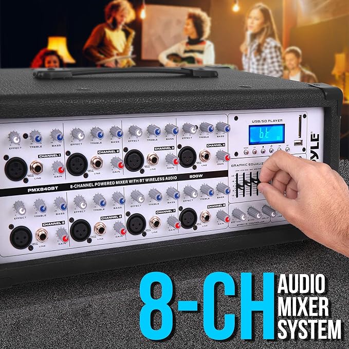 Pyle 800W Bluetooth Stage Powered Mixer - 8-Channel Pro Audio Sound System with MP3/USB/SD Readers - RCA/1/4” Effects Loop - Aux Input - Digital LCD Display - Built-in Cooling Fan - PMX840BT