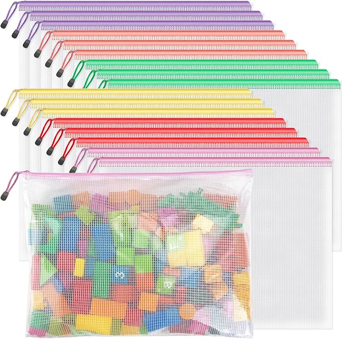 Umriox Zipper Mesh Document Pouch, 16.9x12.4 in (6 Colors, 18 Packs), Clear Zipper Pouches, Waterproof Zipper Pouches for Craft Projects Office Supplies Cosmetics Travel Storage