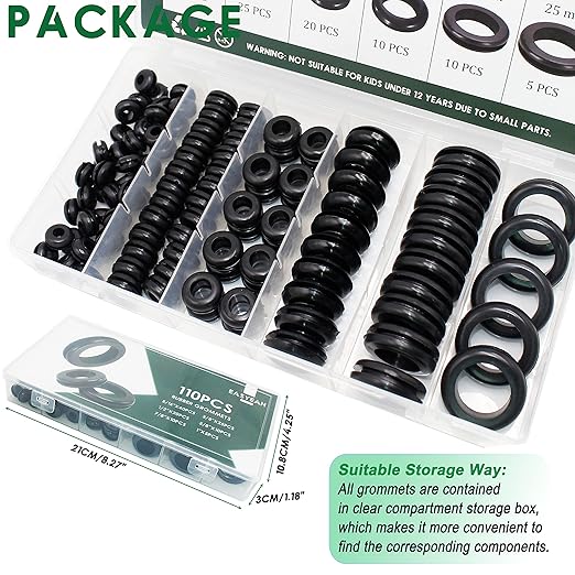 110 Pcs Rubber Grommets for Wiring - Rubber Grommet Assortment Kit 6 Sizes 5/16 3/8 1/2 5/8 7/8 1 Inch, Cable Hole Plug Firewall Automotive Wire Grommets Set for Sheet Metal, Hardware Repair