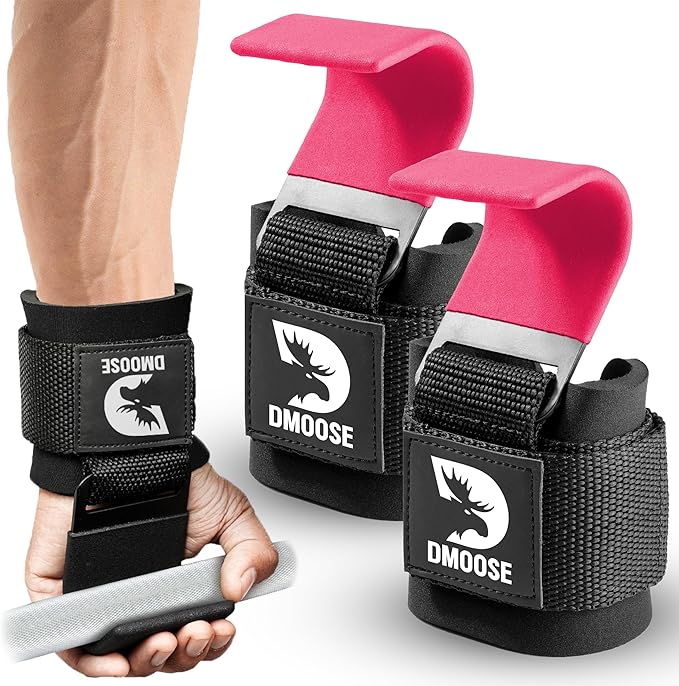 DMoose Fitness Weight Lifting Hooks (Pair) for Deadlifts, Pull Ups, Rows & Shrugs - Anti-Rip Nylon Strap Hand Grips with Thick Wrist Padding - Heavy Duty Wrist Straps for Weightlifting & Gym Workouts