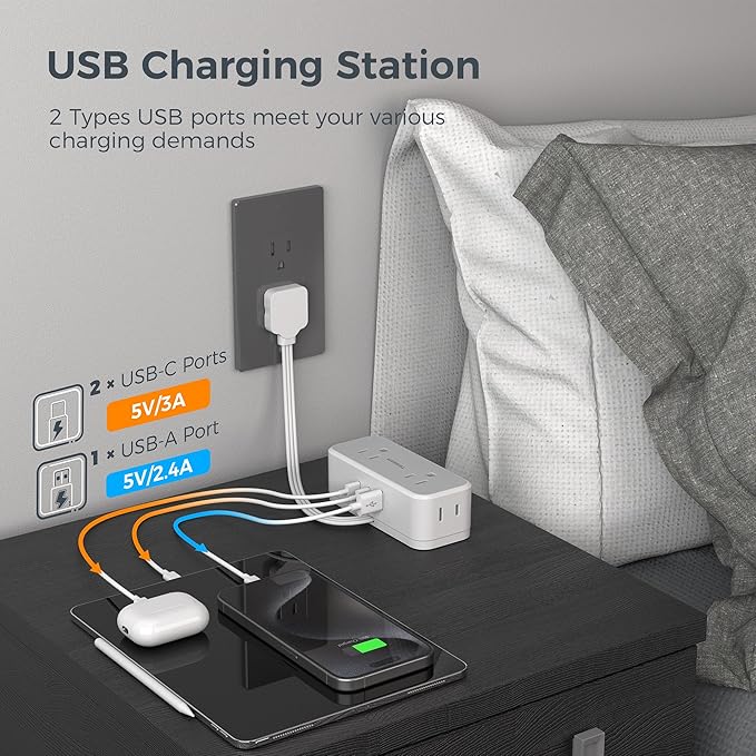 Short Extension Cord 6 inch, TESSAN Flat Plug Power Strip with 4 AC Outlets 3 USB (2 USB C) Ports, Small Charging Station for Cruise Ship Travel, Desk Organizers for Home Office Dorm Room Essentials